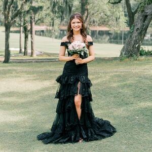 Off-Shoulder Black Lace Formal Gown with Ruffle Skirt